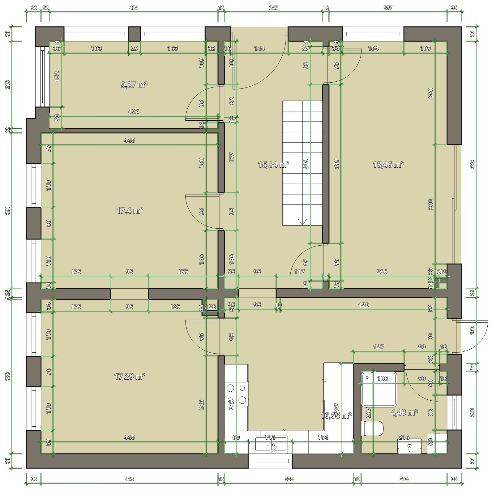 Grundriss eines Hauses mit mehreren Räumen, Treppe, Küche, Bad und Maßen in Metern.