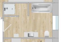 Top-Down Grundriss eines Hauses mit Wohnraum, Küche und Bad, Holzboden