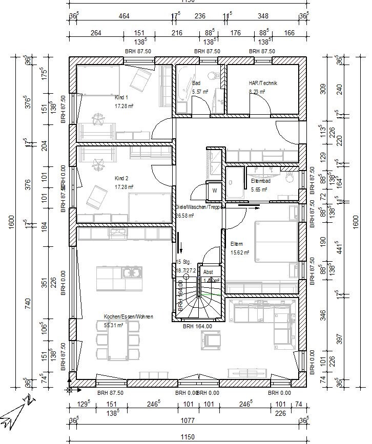 Grundriss eines Hauses: Kochen/Essen/Wohnen, 2 Kinderzimmer, Eltern, Bad, Flur, Treppe.