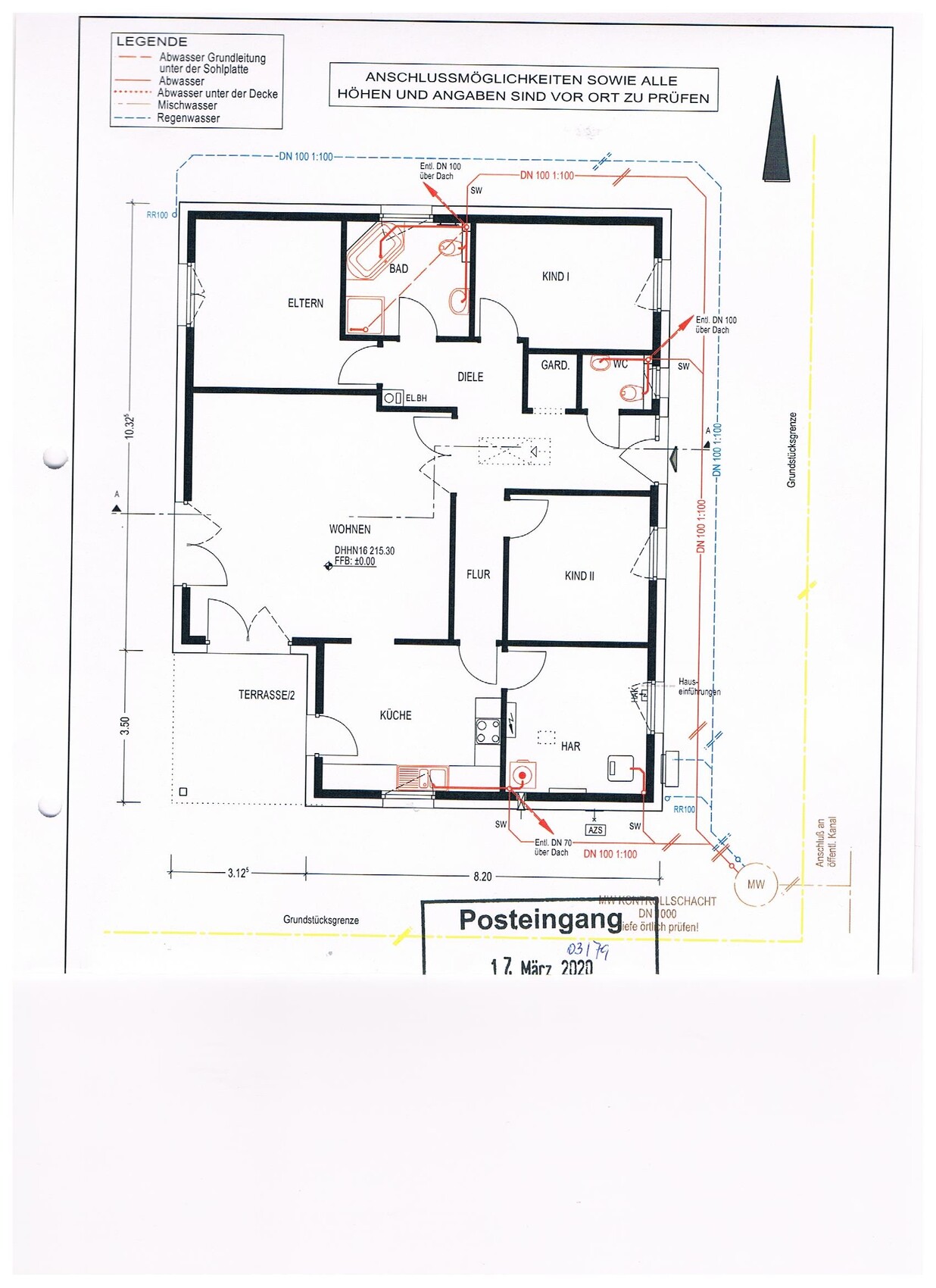 Einfamilienhaus-Grundriss mit Eltern- und Kinderzimmer, Küche, Bad, Flur.