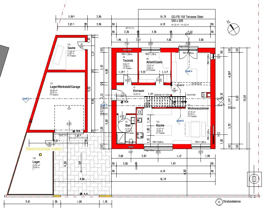 Grundriss eines Hauses mit roten Wänden; Räume Küche, Bad, Wohnzimmer, Vorraum, Sauna, Lager.