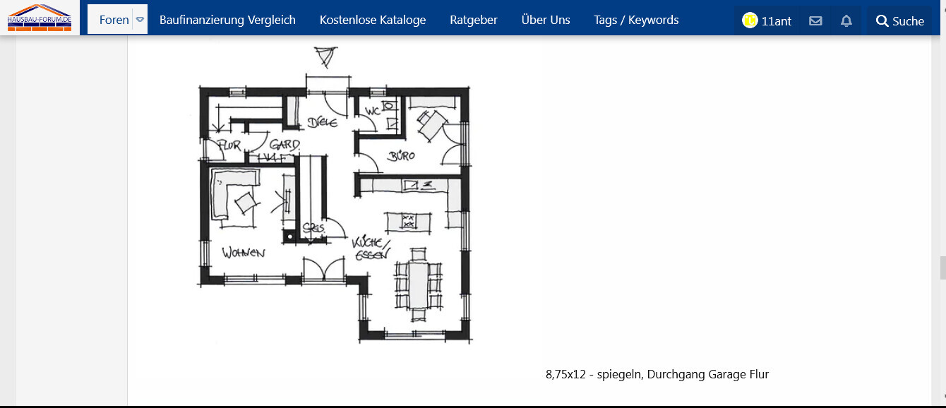 Skizzenhafter Grundriss: Wohnen, Küche/Essen, Büro, WC, Flur, Diele, Garderobe.