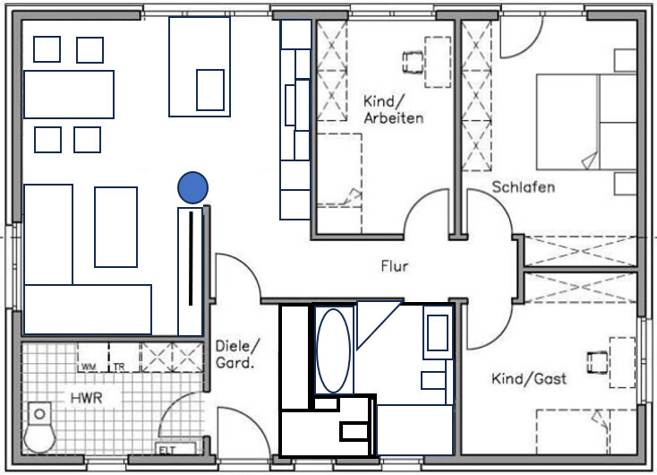 Grundriss eines Hauses mit Flur, Diele, HWR, Küche, Bad, Schlafen, Kind/Arbeiten, Kind/Gast.