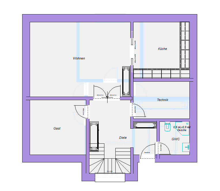 Grundriss eines Hauses: Räume Wohnen, Küche, Diele, Gast, Technik, Dusche, WC.