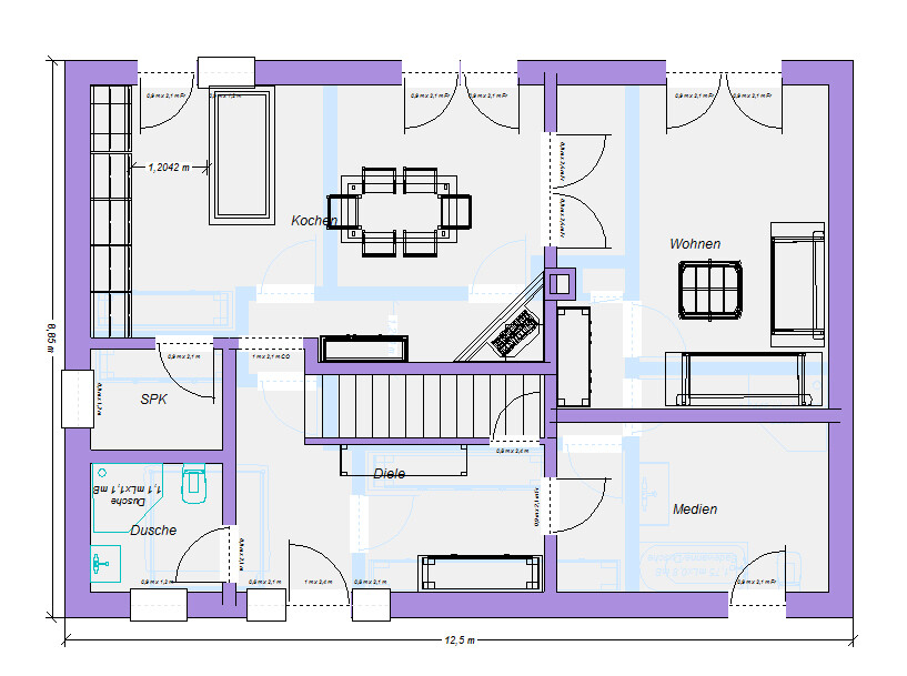 Grundriss einer Wohnung: Küche links, Wohnen rechts, Diele Mitte, Dusche links, Medien rechts.