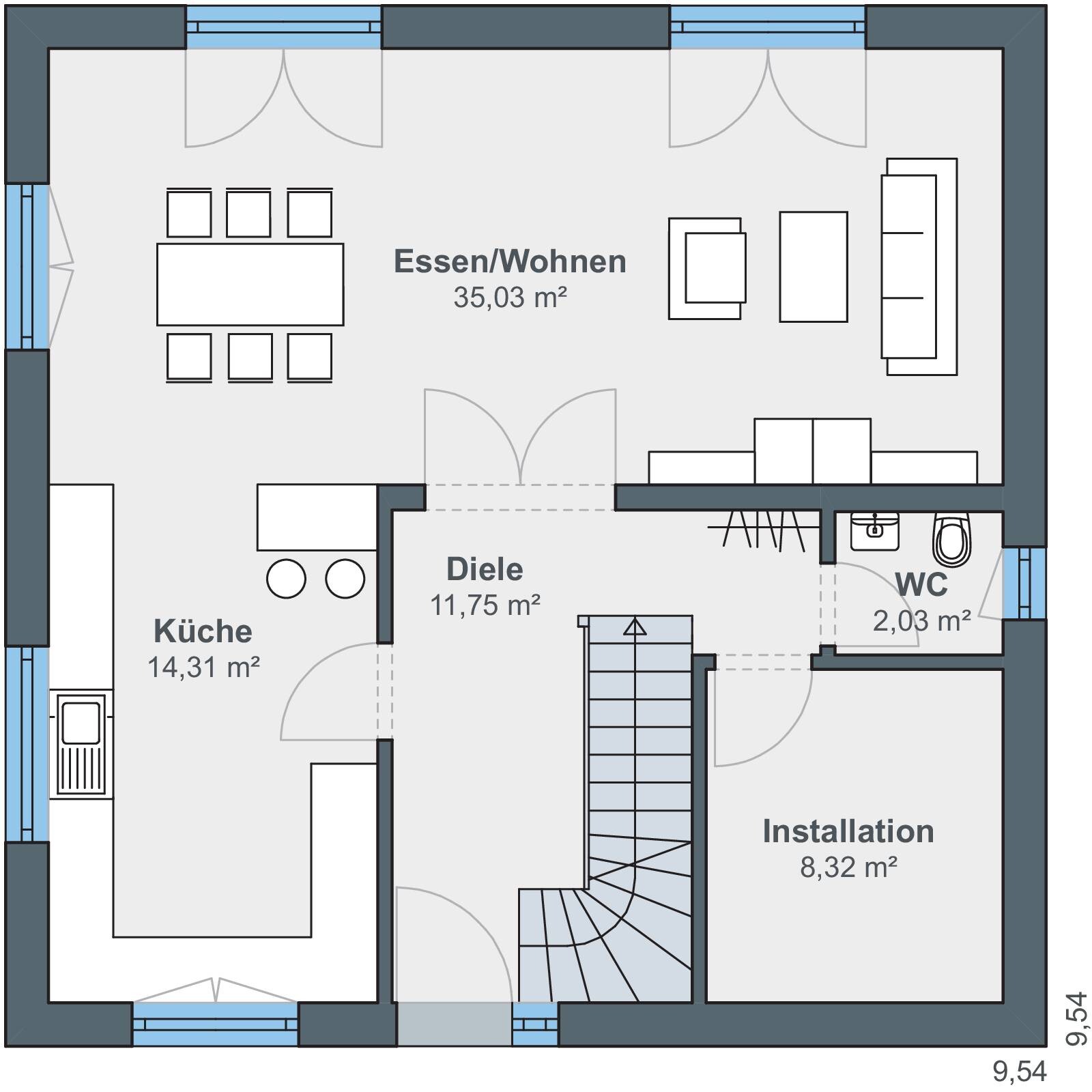 Grundriss eines Hauses: Küche, Ess-/Wohnbereich, Diele, Treppe, WC, Installation.