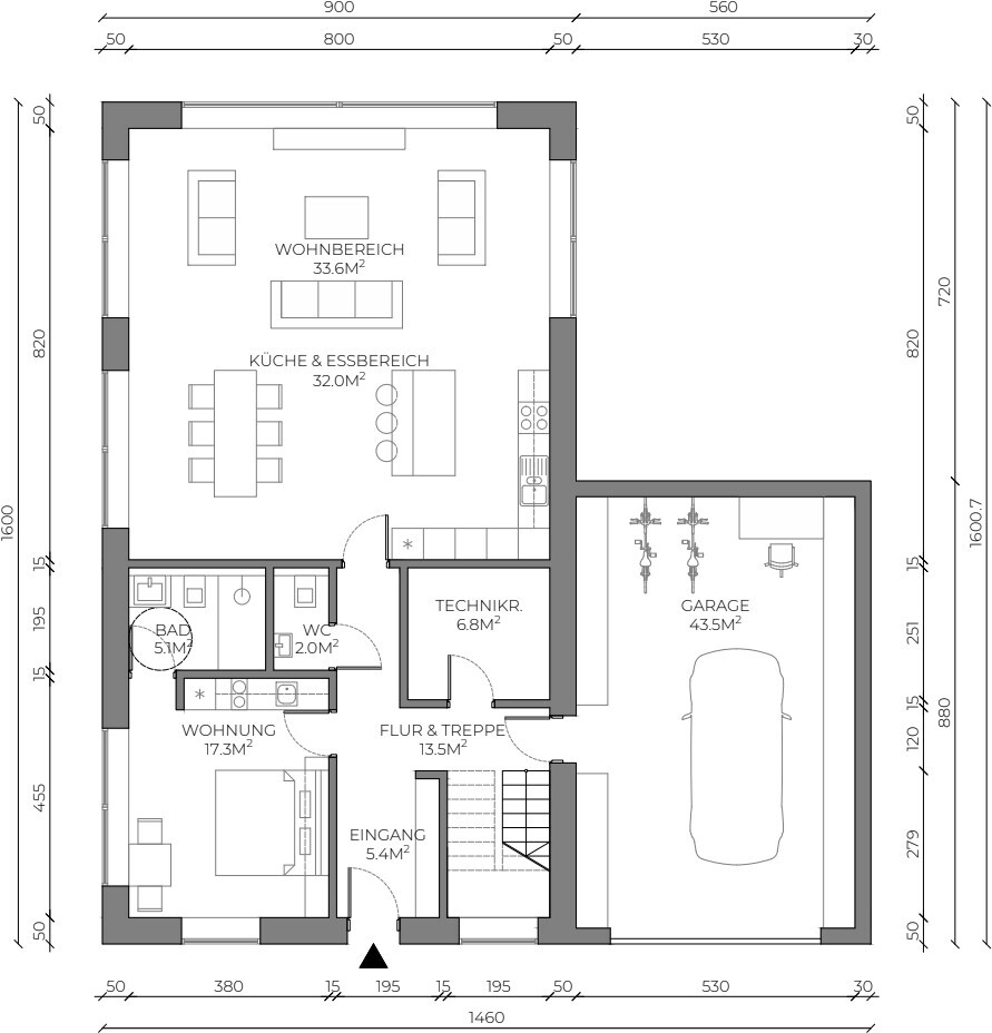 Grundriss eines Hauses mit Wohnzimmer, Küche, Bad, WC, Gang, Technikraum und Garage.
