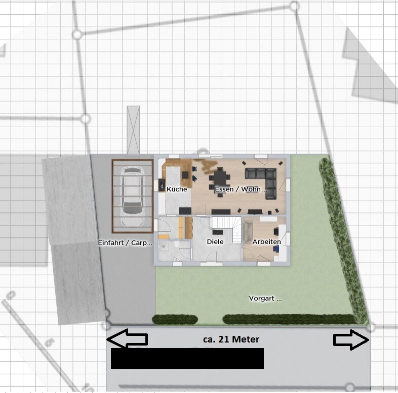 Draufsicht: Carport links, Eingang, Küche, Essen/Wohnen, Diele, Arbeitszimmer, Vorgarten.