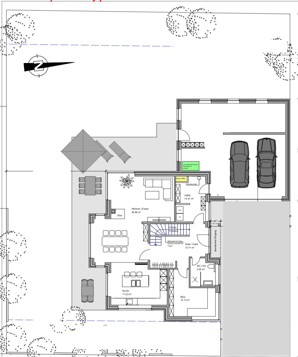 Grundriss eines Hauses: Küche, Wohnen/Essen, Büro, HWR, WC/DU, Doppelgarage, Garten.