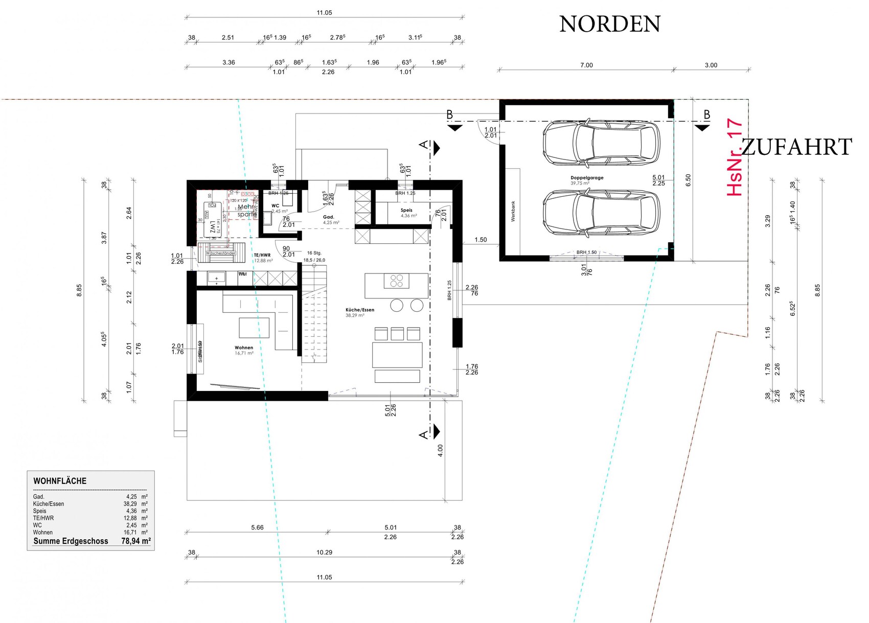 Grundriss Erdgeschoss eines Hauses mit Küche/Essen, Wohnen, WC, Zufahrt und Doppelgarage.
