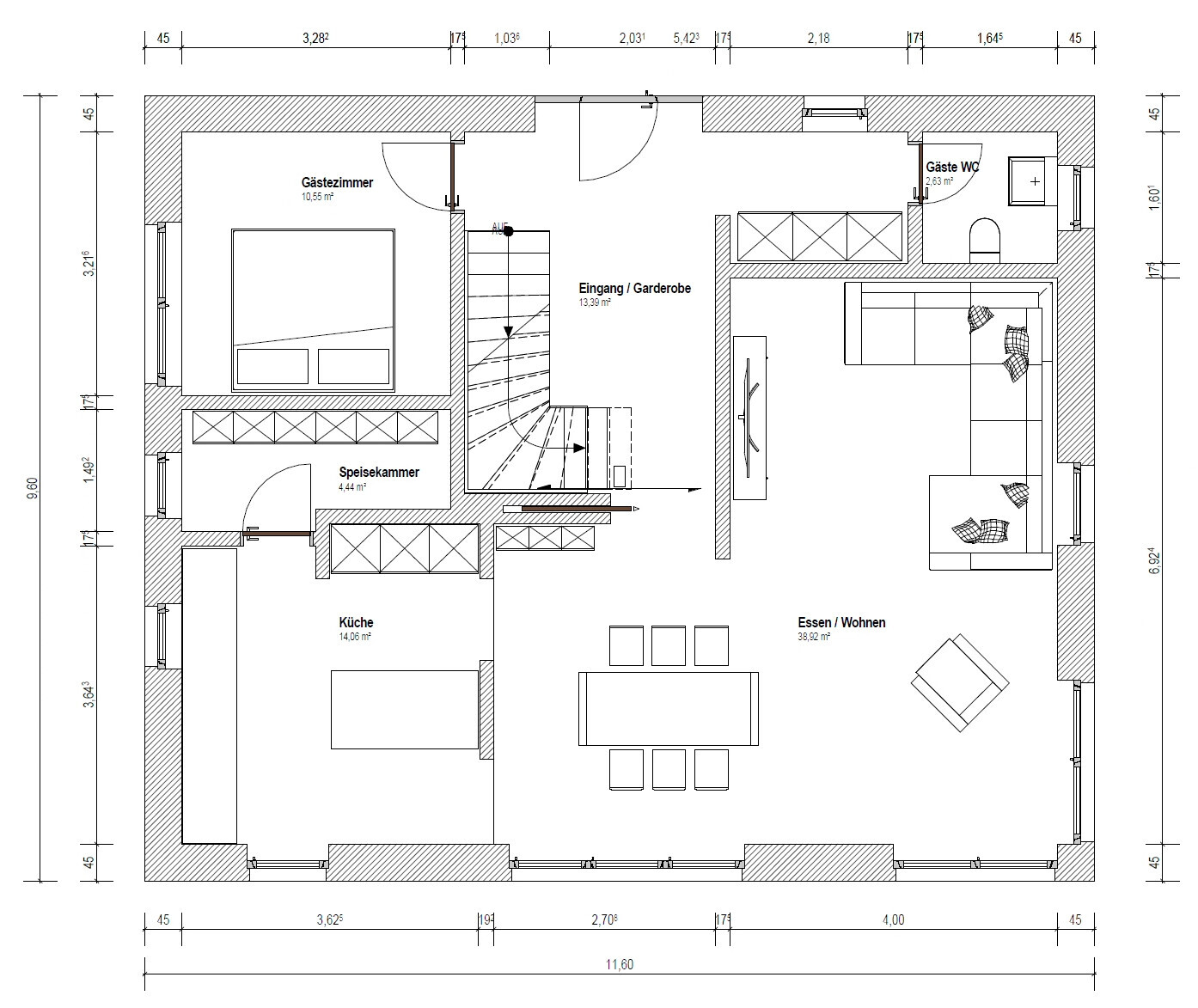 Grundriss: Offenes Erdgeschoss mit Küche, Essen/Wohnen, Gästezimmer, Speisekammer, Eingang, Gäste-WC.