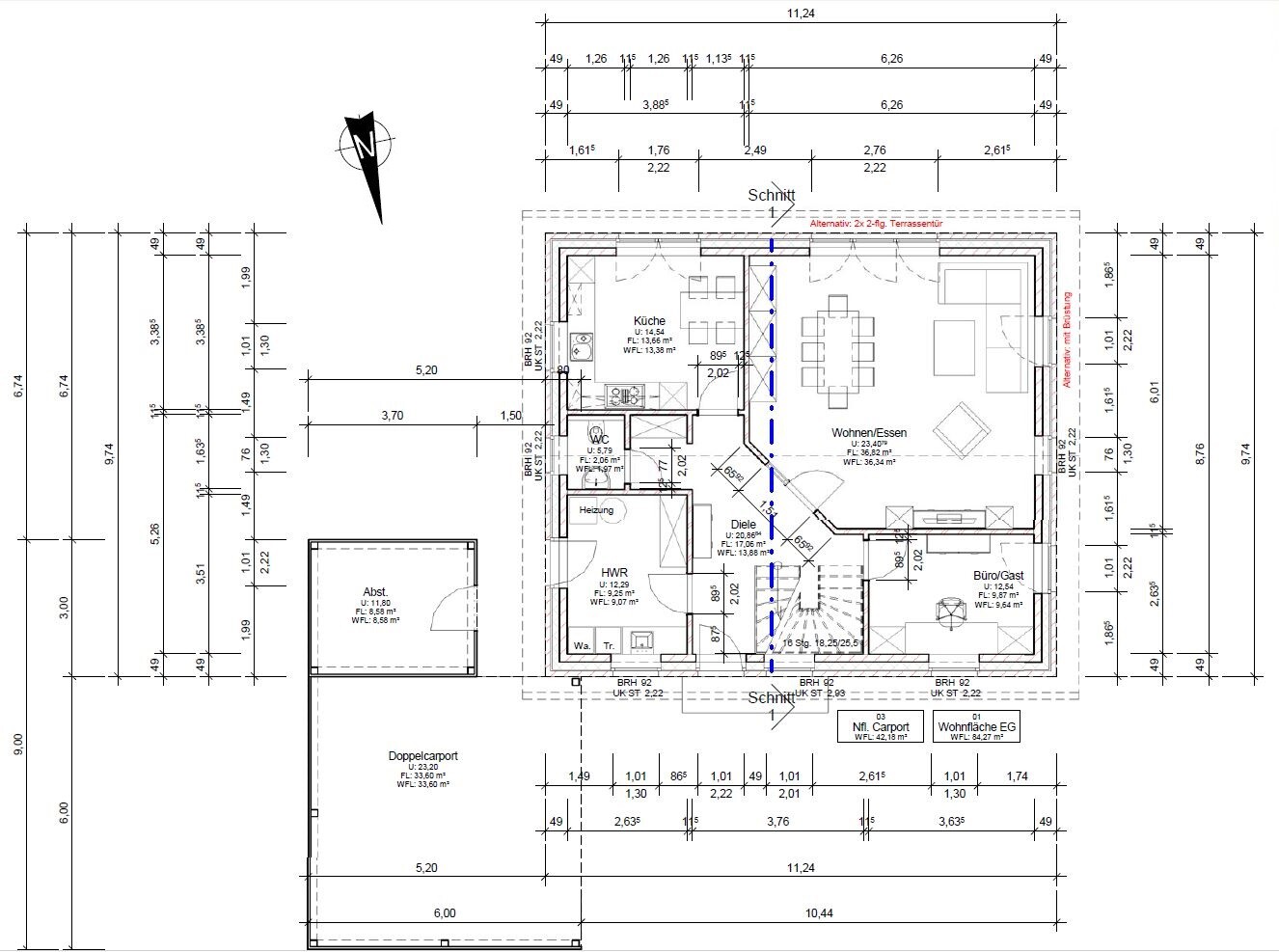 Grundriss eines Einfamilienhauses mit Küche, Wohnbereich, Diele, HWR und Büro/Gast