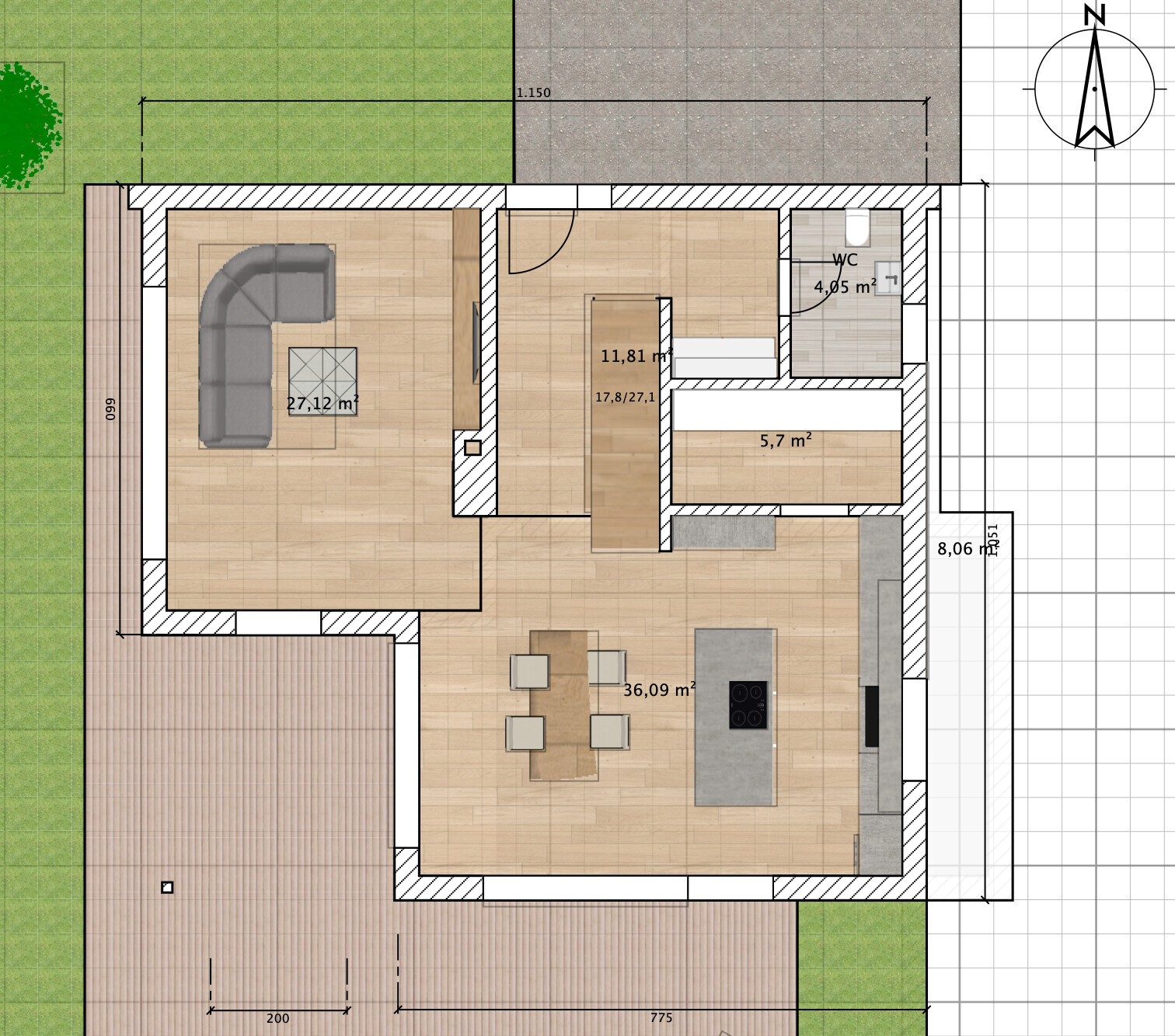 Grundriss eines Hauses: Wohnzimmer, Küche mit Essbereich, Schlafzimmer, Bad, WC, Terrasse und Garten.