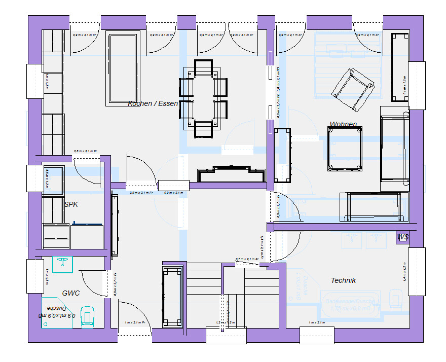 Grundriss eines Wohnhauses: Küche/Essen, Wohnen, Technik, Flure und Treppen.