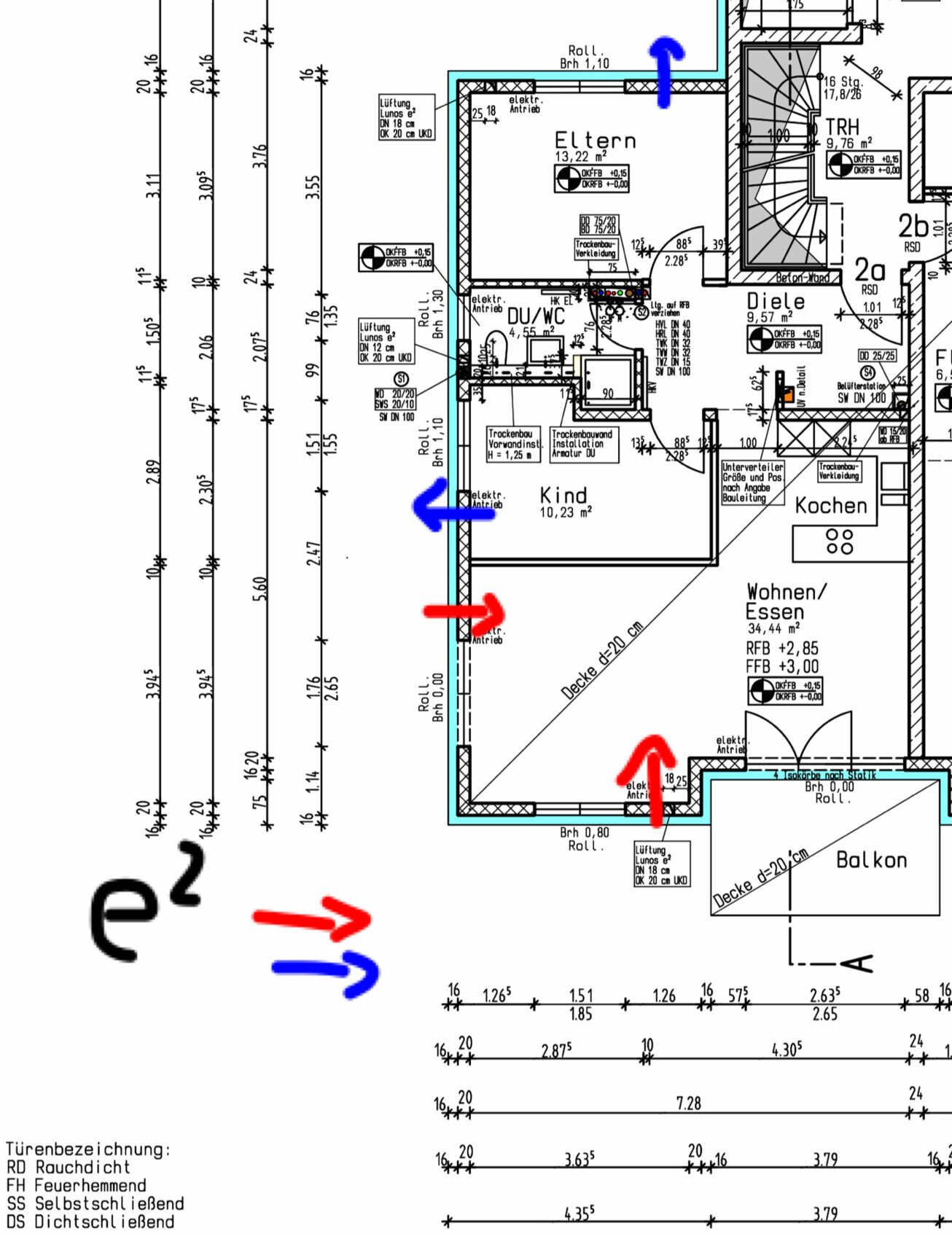 Grundriss eines Wohnhauses: Eltern-, Kinderzimmer, Wohnen/Essen, Balkon; blaue/rote Luftströme.