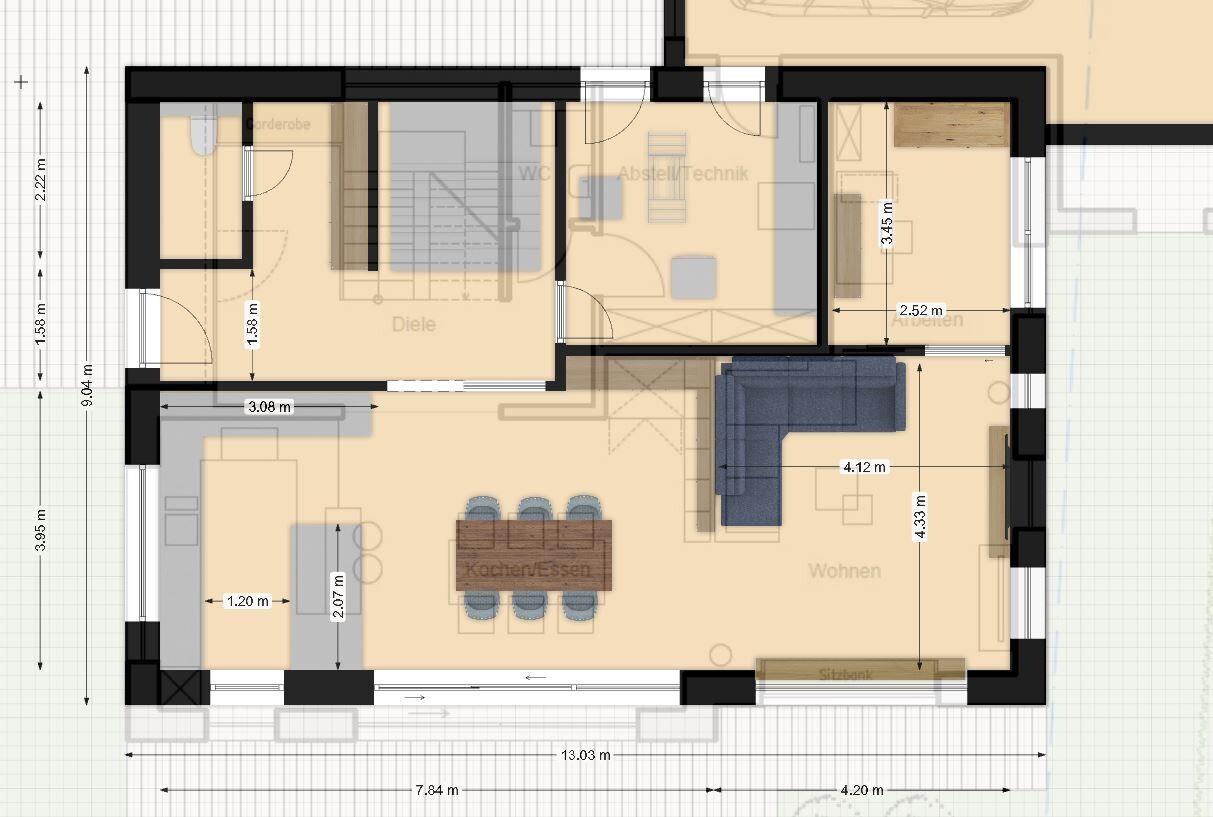 2D-Grundriss eines Hauses mit offener Küche, Essecke und Wohnzimmer