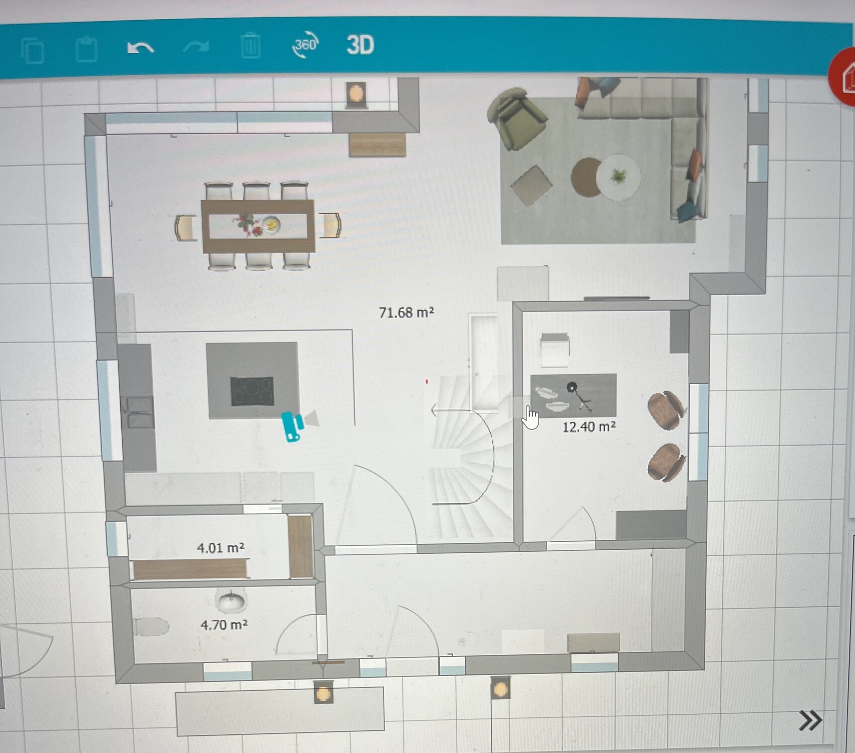 Grundriss: Küche links, Essbereich, Wohnzimmer rechts, Treppe in Mitte, Arbeitsraum 12,40 m².