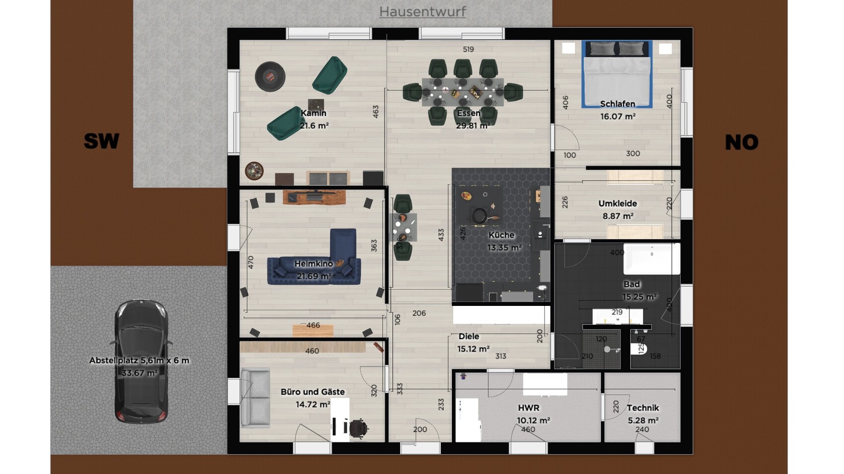 Grundriss eines Hauses mit Wohnzimmer, Kamin, Esszimmer, Küche, Schlafzimmer, Bad und Diele.