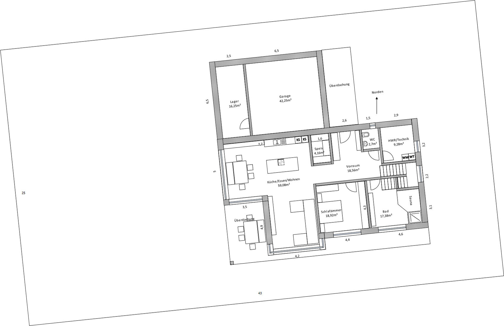 Grundriss eines Hauses mit Küche/Essen/Wohnen, Garage, Schlafzimmer, Bad, WC, HWR, Speis, Lager.