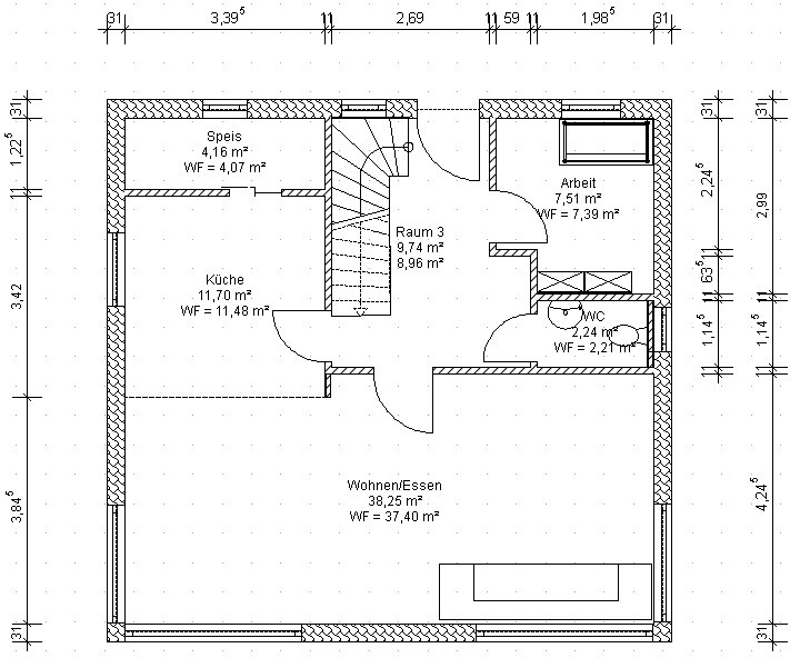 Grundriss eines Hauses: Küche, Speis, Wohnen/Essen, Raum 3, Arbeitszimmer, WC, Treppe