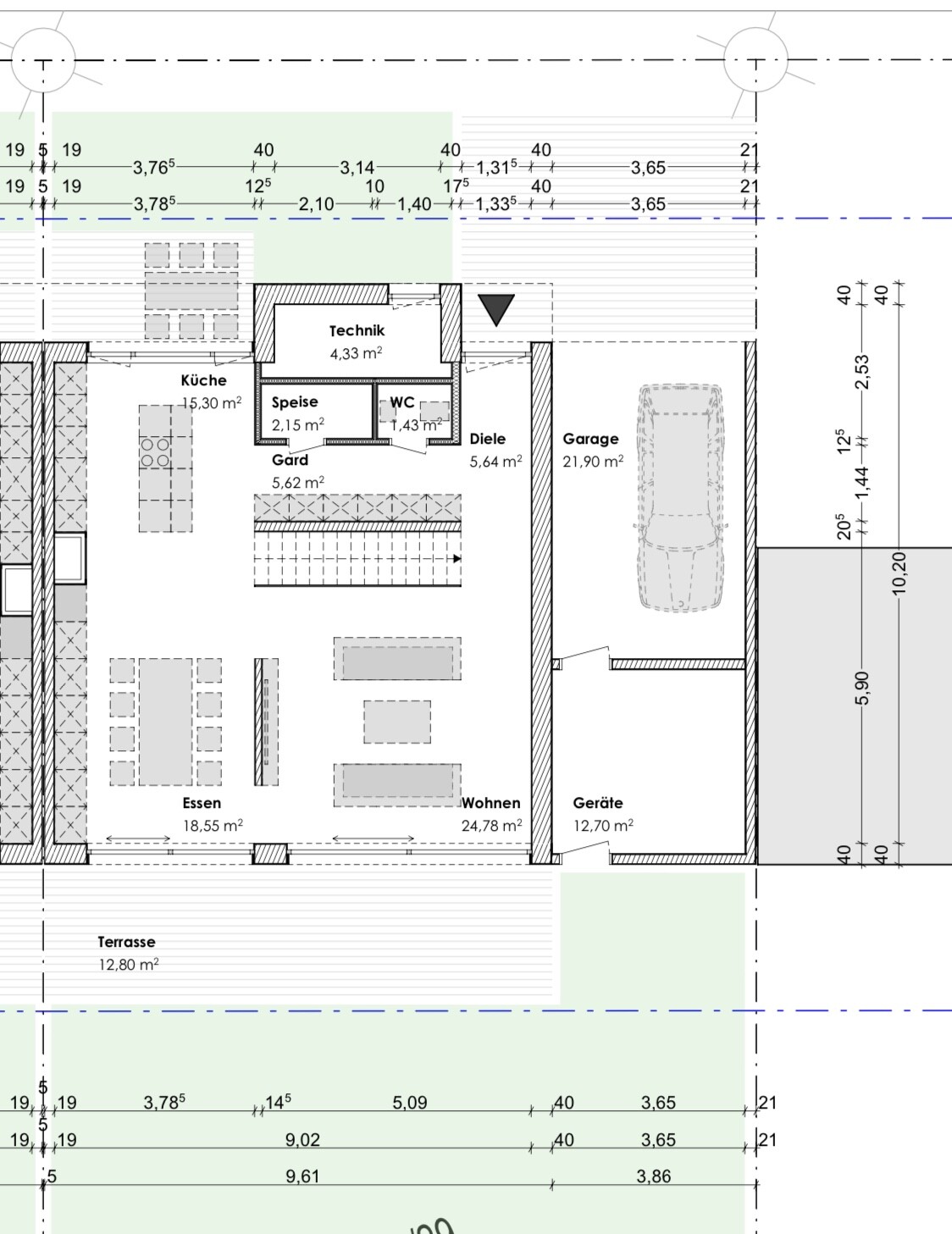 Grundriss eines Hauses mit Küche, Essen, Wohnen, Garage, Terrasse, Diele, Technik, Speise, WC.