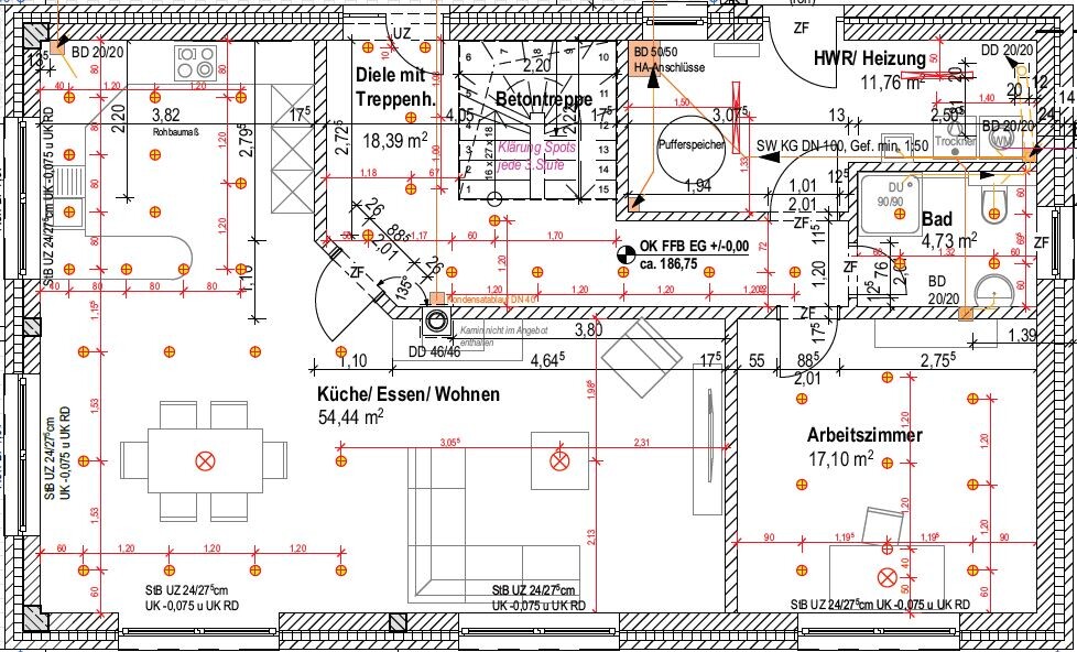 Grundriss eines Hauses: Küche/Essen/Wohnen, Arbeitszimmer, Bad, Diele mit Treppen, HWR.