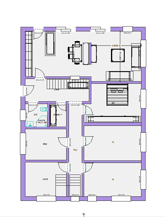 Grundriss eines Hauses: Wohnzimmer, Essbereich, Küche, Bad, WC, Flur, HWR, Zimmer, Treppen.