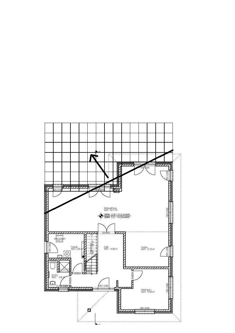 Grundriss eines Gebäudes mit Zimmern, Türen, Treppe und einer diagonalen Linie