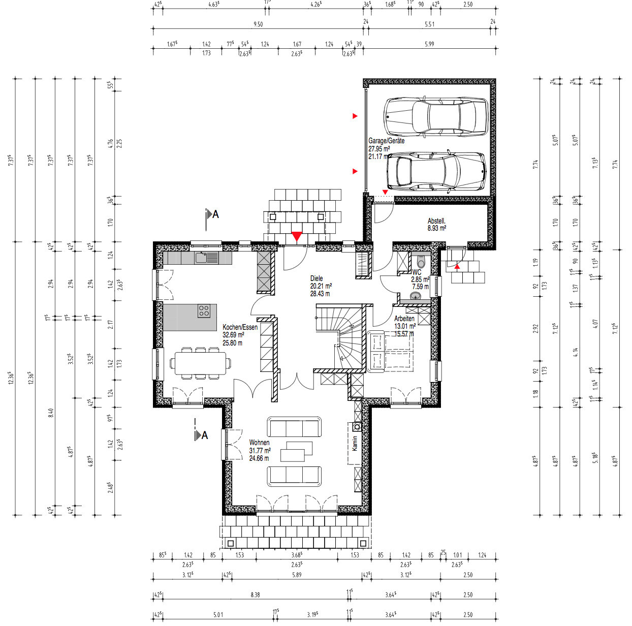 Grundriss eines Hauses: Doppelgarage mit zwei Autos, Küche, Wohnen, Diele, Arbeitszimmer, WC.
