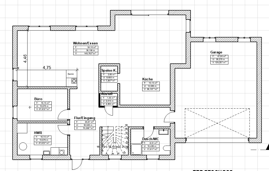 Detailreicher Grundriss eines Hauses mit beschrifteten Räumen: Wohnen, Küche, Garage, Flur