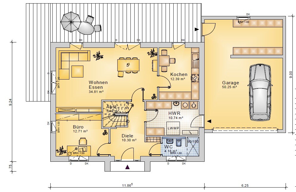 Grundriss eines Hauses mit Wohnzimmer, Küche, Büro, Garage, Terrasse