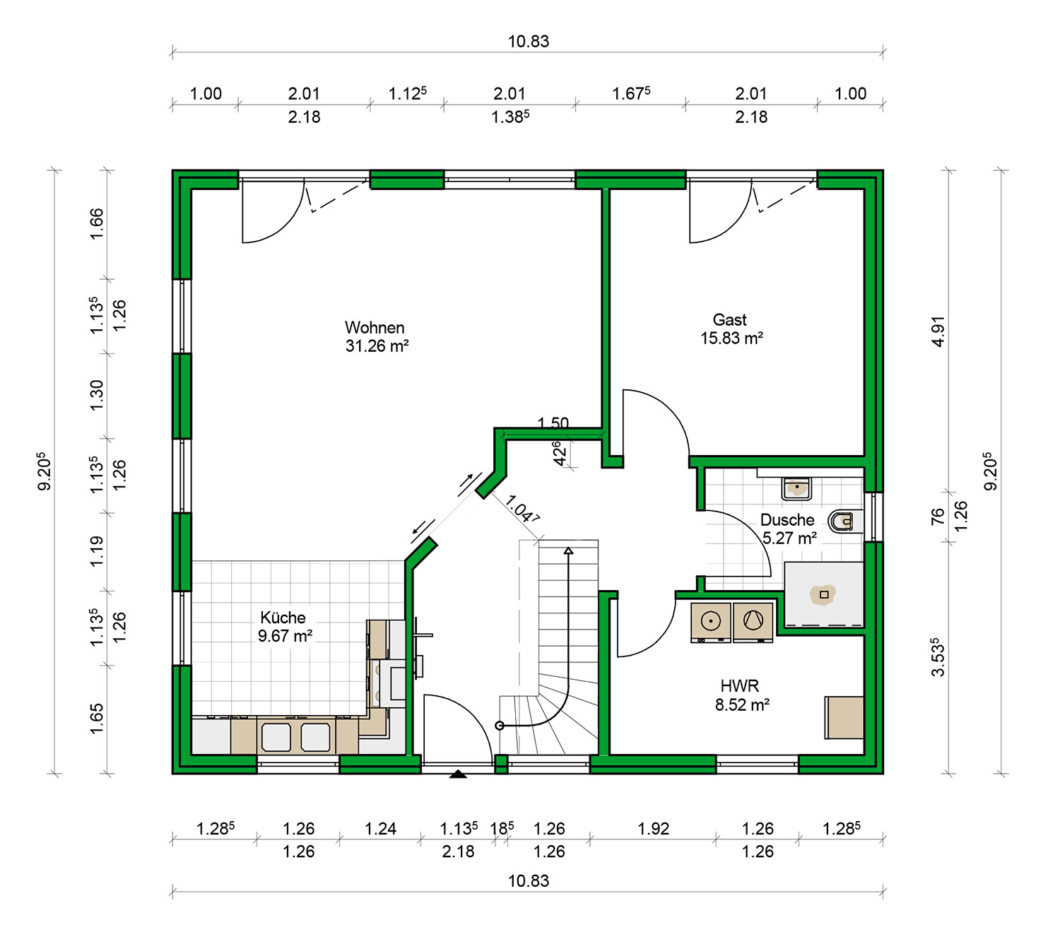 Grundriss eines Hauses: Wohnzimmer, Gast, Küche, Dusche, HWR, Treppe, Türen.