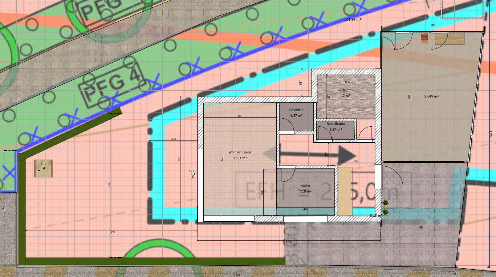 Detaillierter Grundriss eines Hauses mit Küche, Wohnzimmer, Bad, Flur und Eingang.