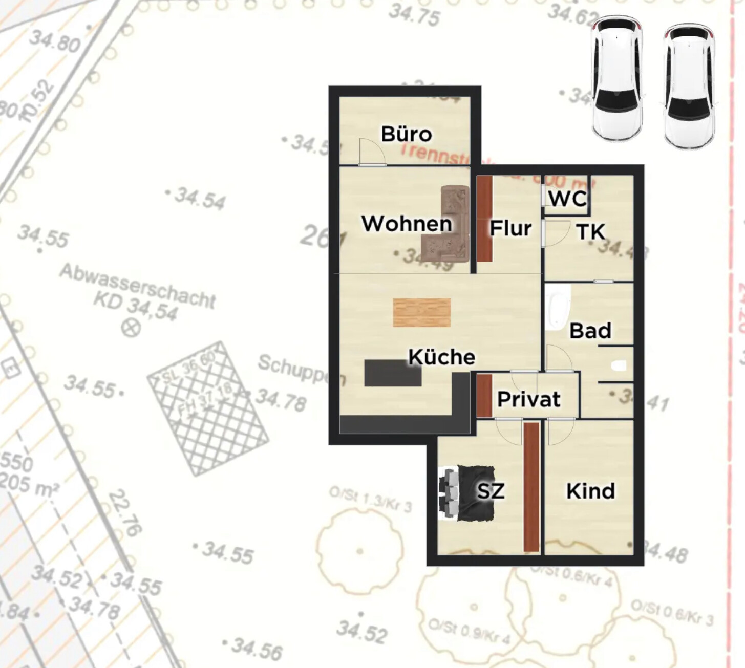 Grundriss eines Hauses mit Wohnzimmer, Küche, Flur, Bad, WC und Schlafzimmer