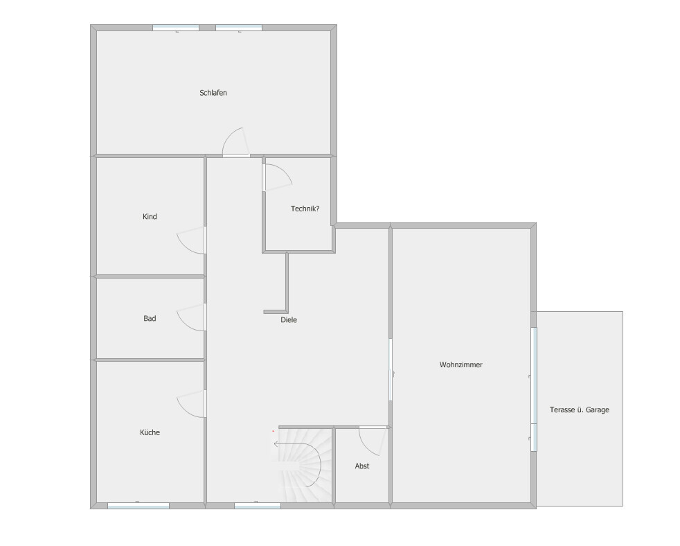 Grundriss eines Hauses mit Schlafzimmer, Kinderzimmer, Bad, Küche, Diele, Wohnzimmer, Terrasse.