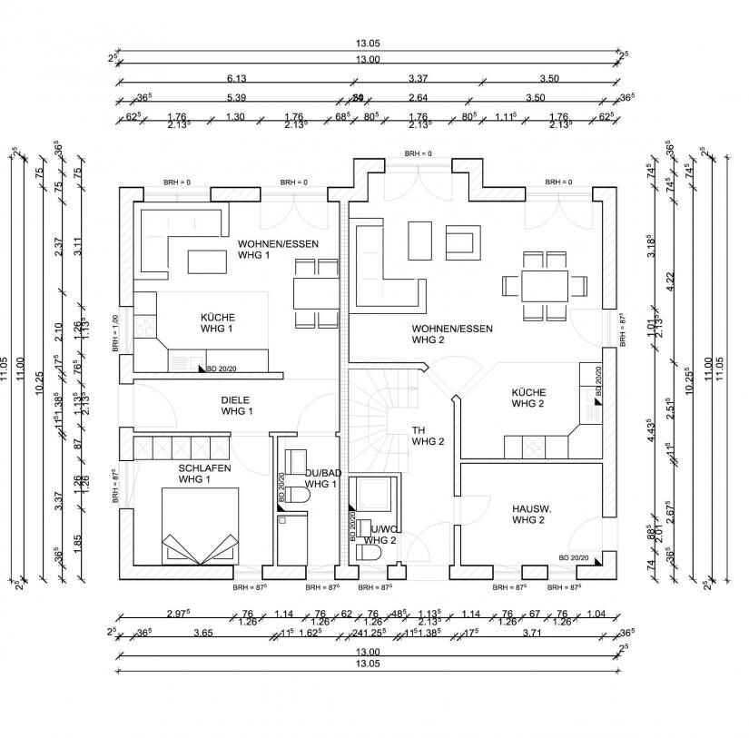 2D-Grundriss eines Hauses mit Wohnzimmer, Küche, Diele, Schlafzimmer und Bad