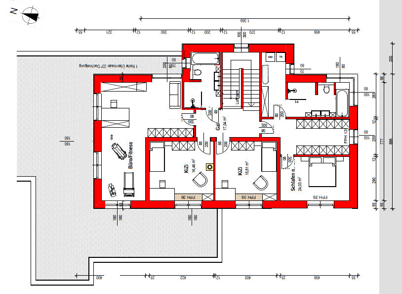 Grundriss eines Hauses mit roten Außenwänden, mehreren Zimmern, Möbeln, Bad und Treppe.