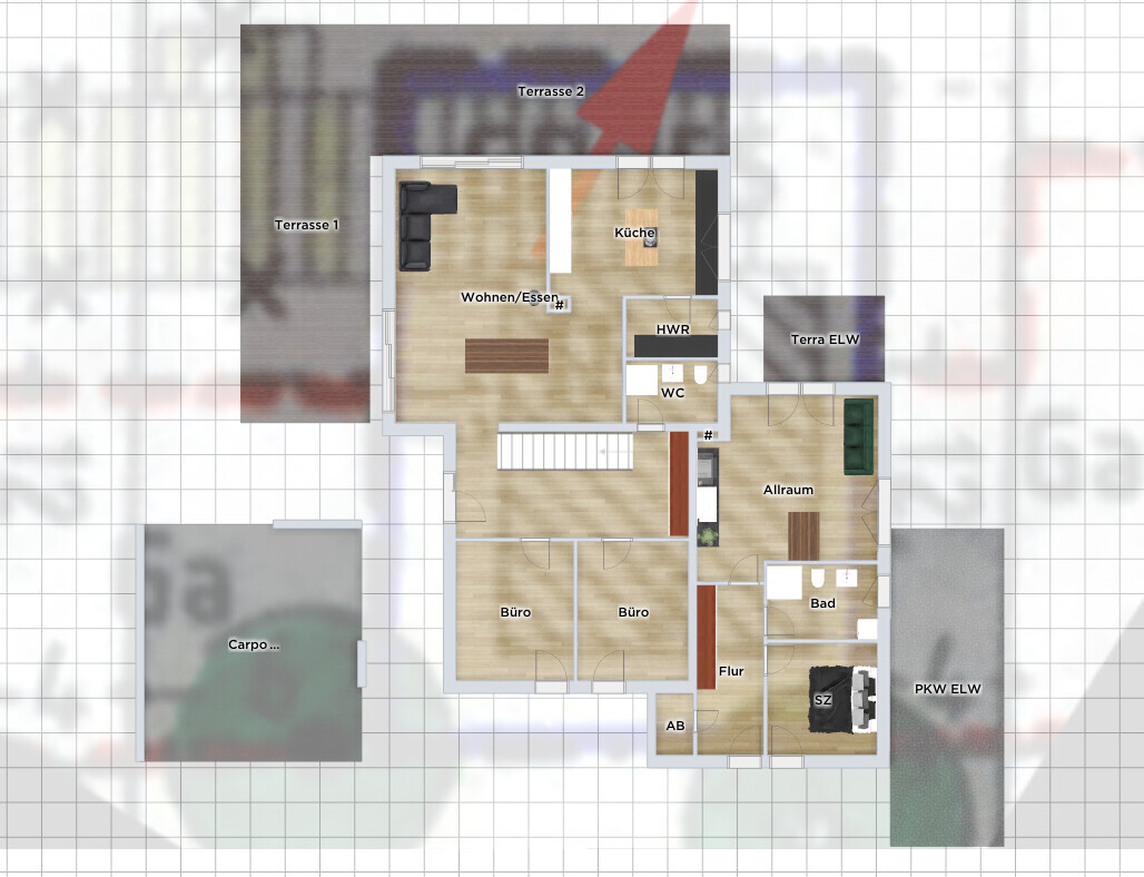 Grundriss eines Wohnhauses mit Wohnzimmer, Küche, Büro, Bad, Flur, Terrasse und Carport.