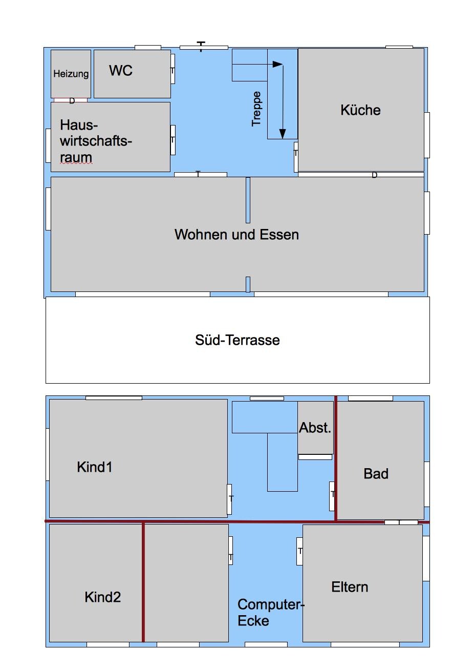 Grundriss eines Hauses mit Wohnzimmer, Küche, Bad, Kinderzimmer und Terrasse