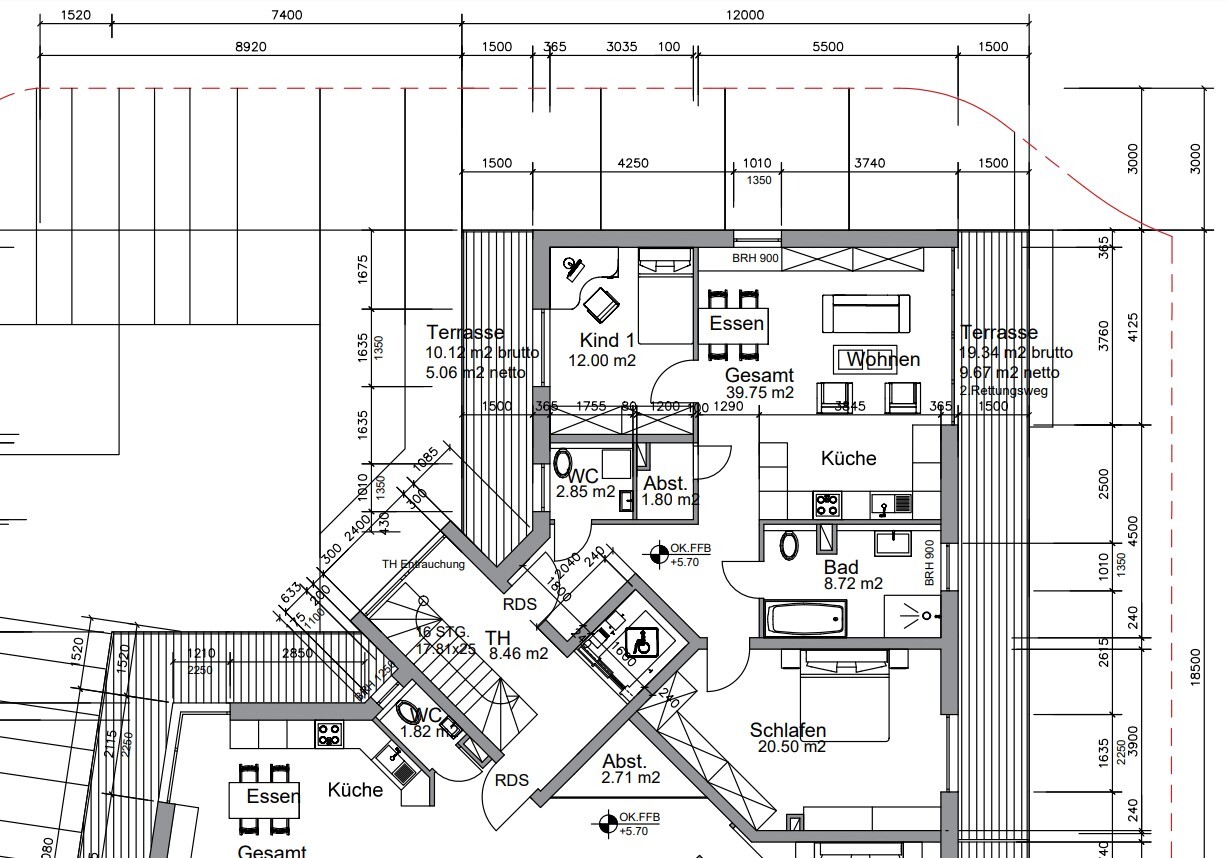 Architektur-Grundriss: Küche, Bad, Schlafen, Essen, Terrasse, Wohnbereich.