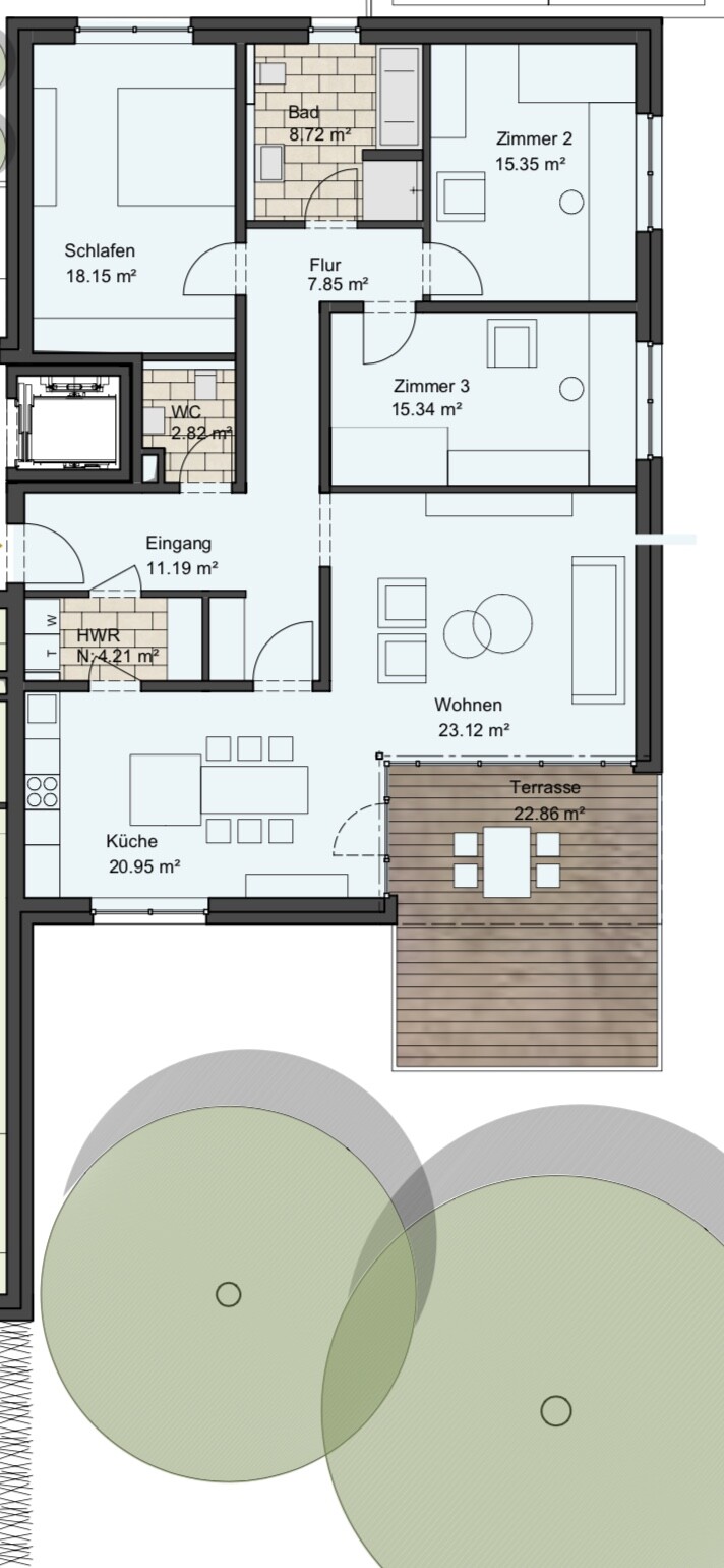 Grundriss eines Wohnhauses mit Küche, Wohnen, Terrasse, Schlafzimmer, Bad, Flur, Eingang.