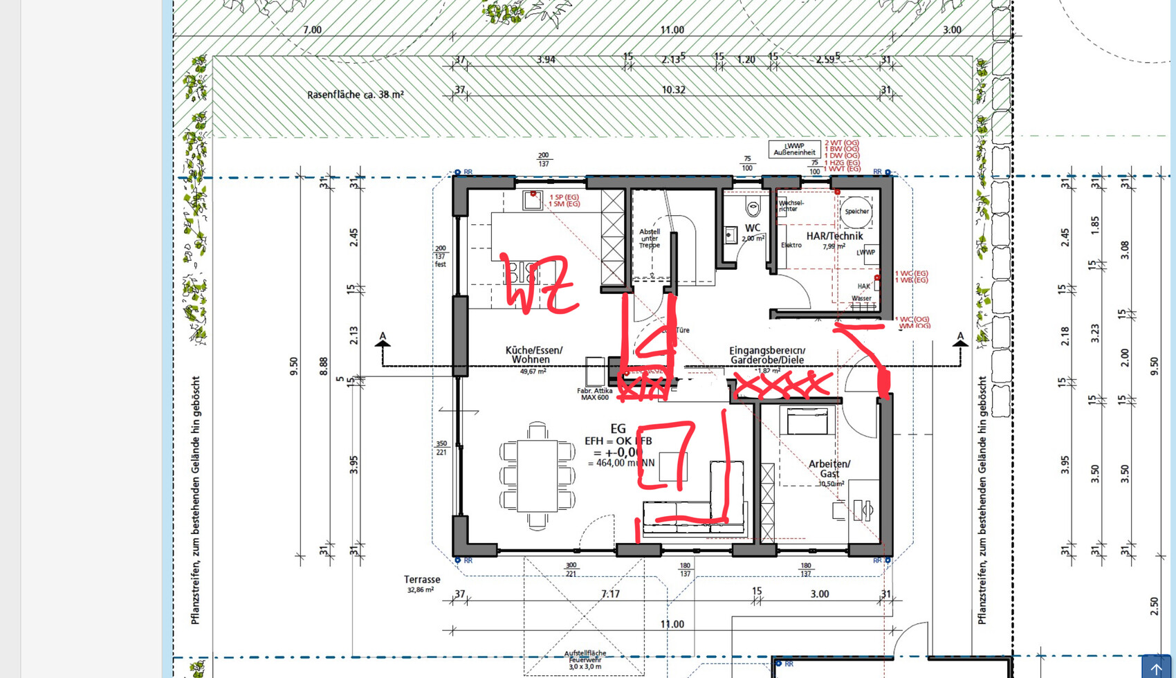 Grundriss eines Einfamilienhauses: Küche/Essen/Wohnen, Eingangsbereich, HAR/Technik, Terrasse.