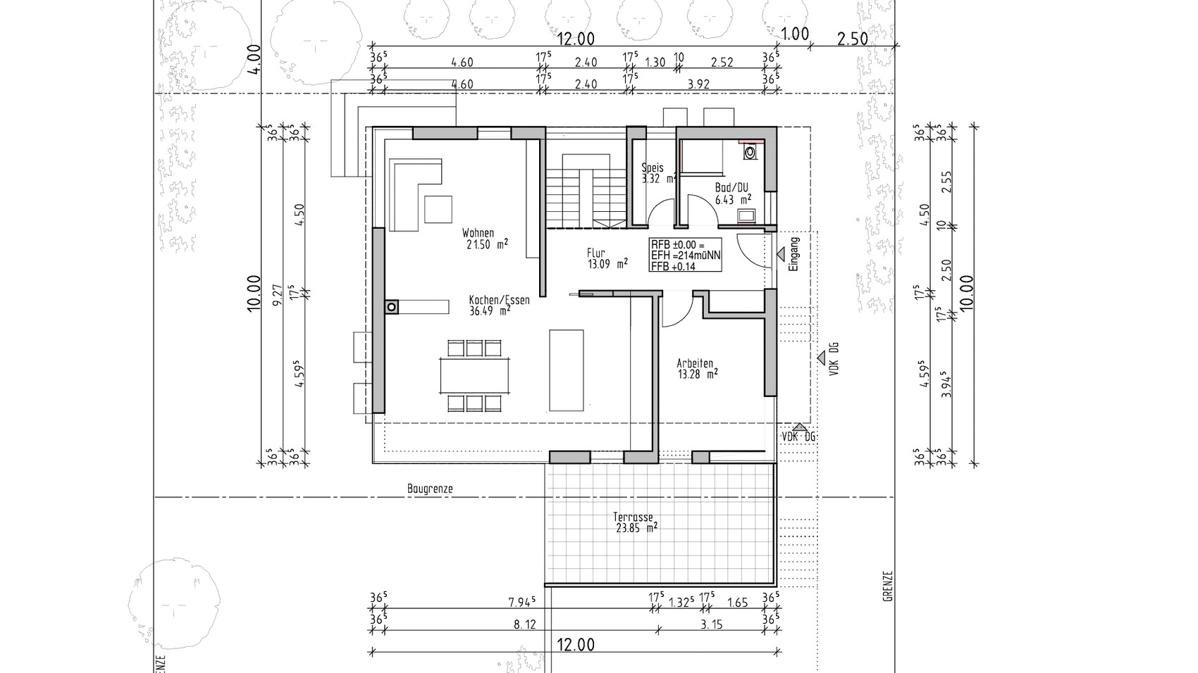Grundriss eines Hauses mit Wohnen, Kochen/Essen, Flur, Speis, Bad, Arbeiten und Terrasse.