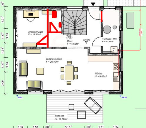 2D-Grundriss eines Hauses mit Wohnbereich, Küche, Terrasse und Schlafzimmer