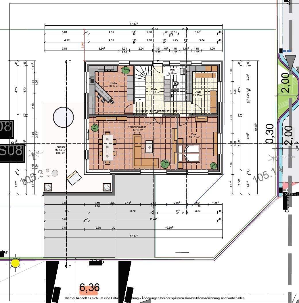 Grundriss eines Hauses mit Küche, Diele, Wohnen/Essen, Gast, HWR und Terrasse.