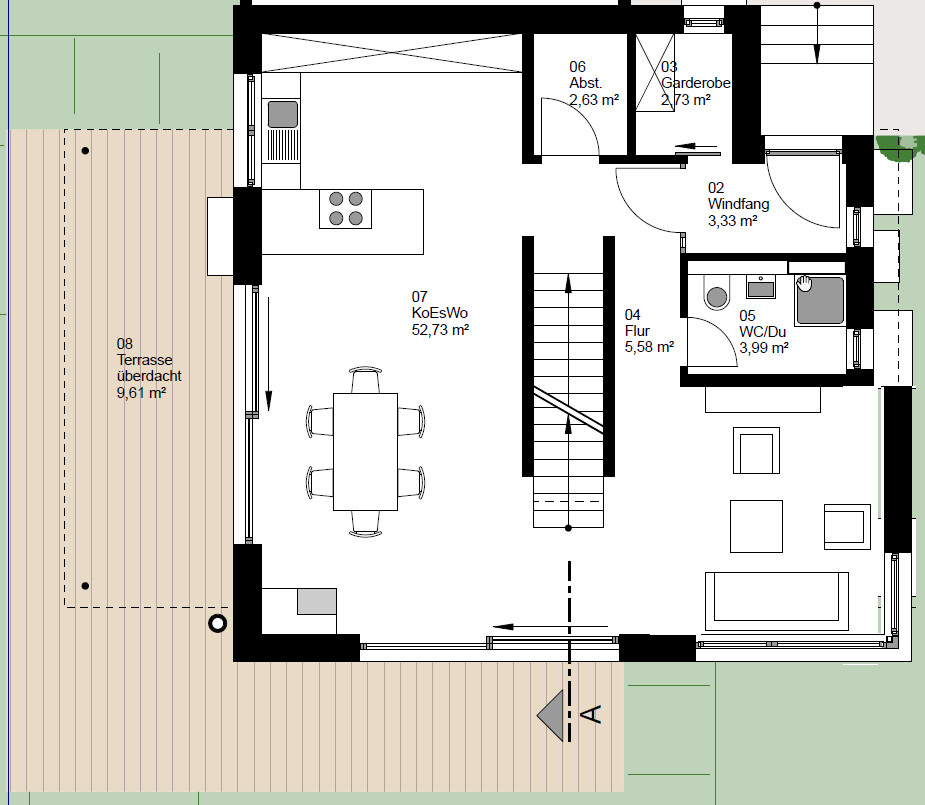 2D Grundriss eines Wohnraums mit Küche, Terrasse und Treppenaufgang