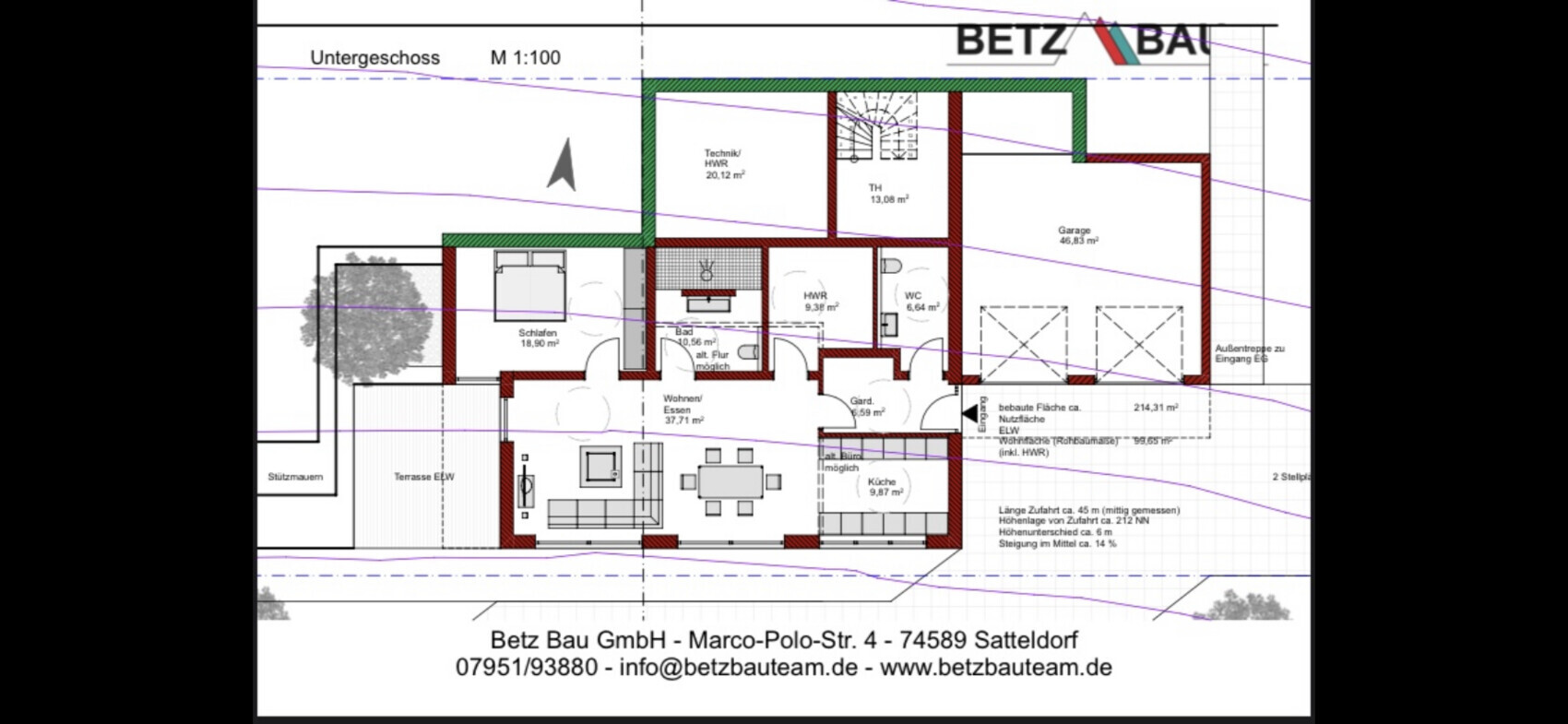 Grundriss eines Einfamilienhauses: Wohnzimmer, Küche, Schlafzimmer, Bad, HWR, WC und Garage.