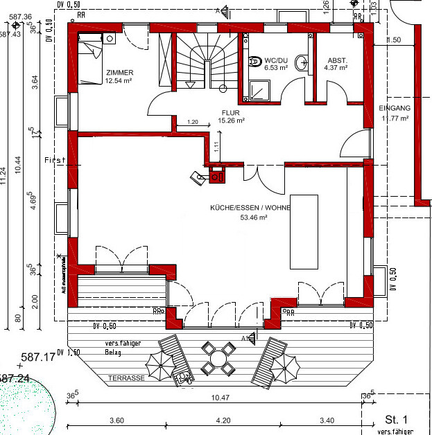 Grundriss: Offene Küche/Essen/Wohnen, Flur, Zimmer, WC, Abstellraum und Terrasse.