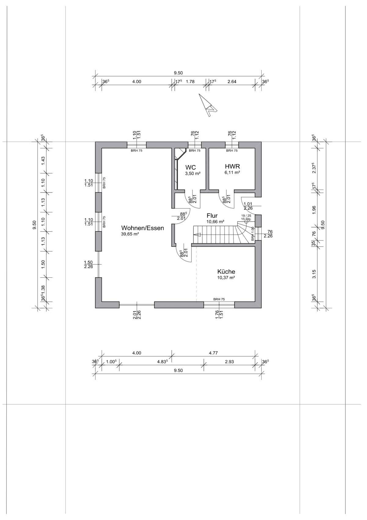 Grundriss eines Hauses mit Wohn-Essbereich, Küche, WC und HWR