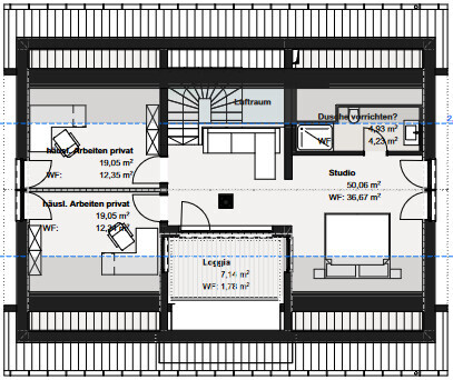 2D-Grundriss eines Hauses mit Loggia, Studio, Flur, WC und Dusche.